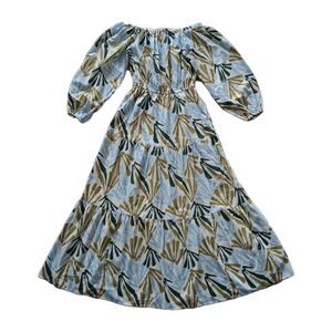 Marks & Spencer Bardot Midaxi Dress 10 Green Mix Leaf Tiered Ruffle Boho Cottage